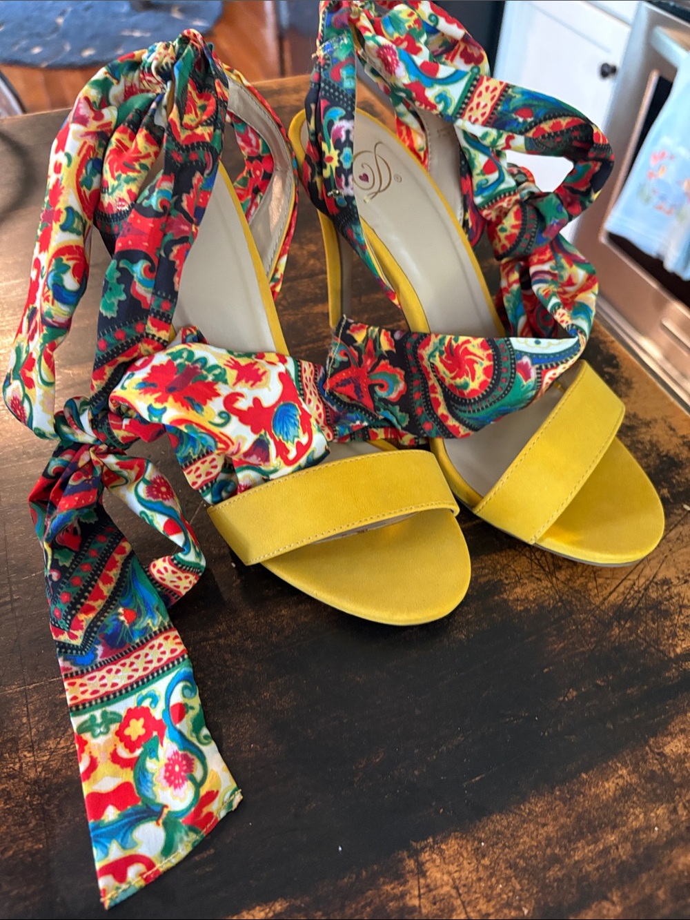 Delicious Yellow Open-Toe Heels with Multicolor Floral Wrap Straps